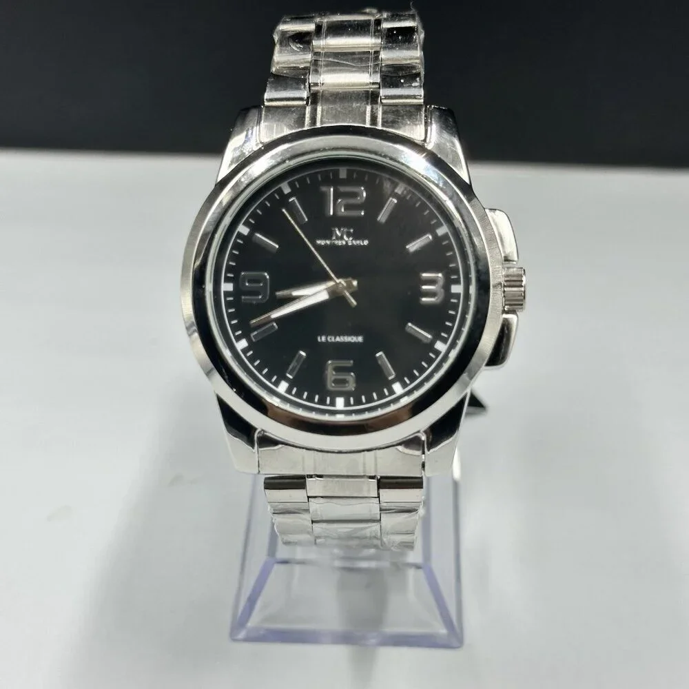 Montres Carlo Watch Men Silver Tone Black Dial Round 43MM New Battery 8.25